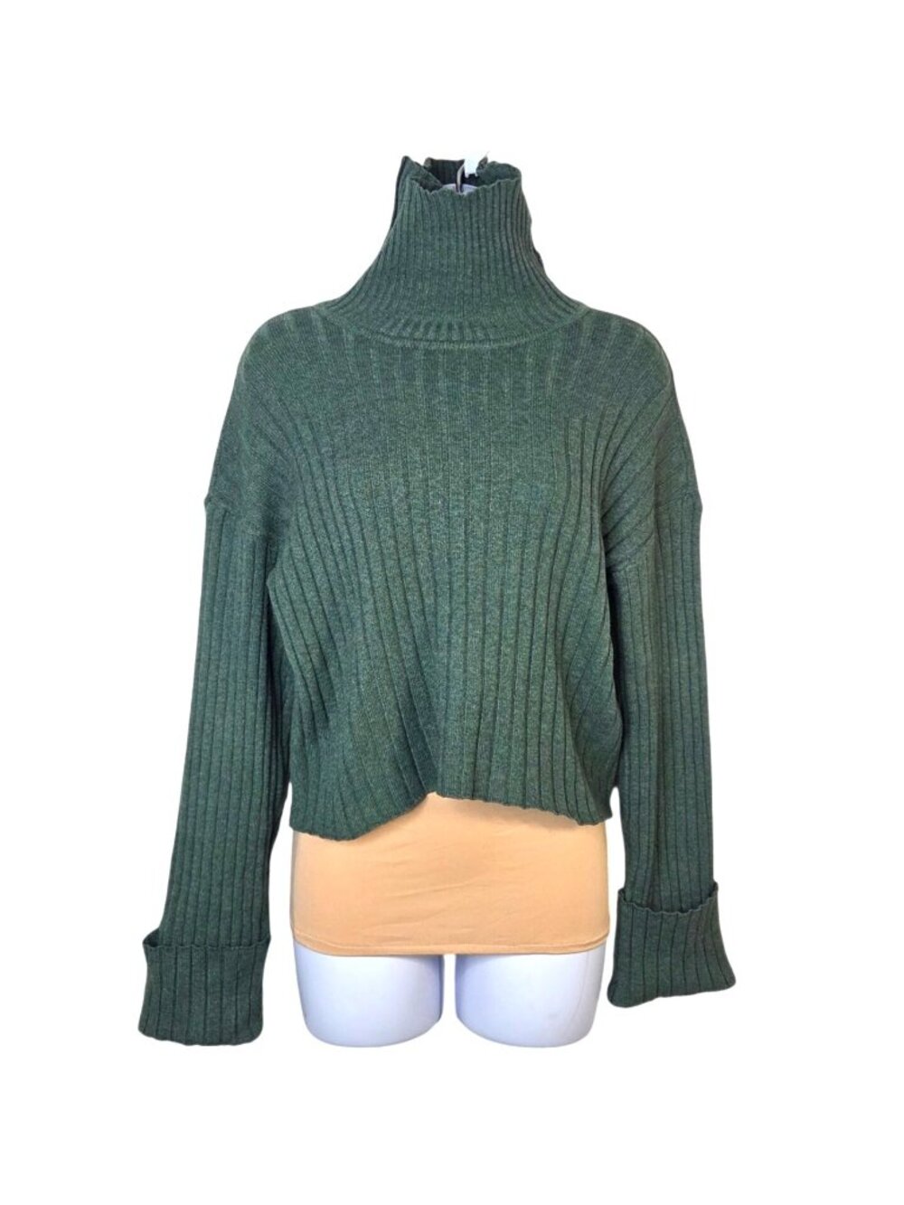 No Comment Womens Ribbed Green Turtleneck Sweater Large